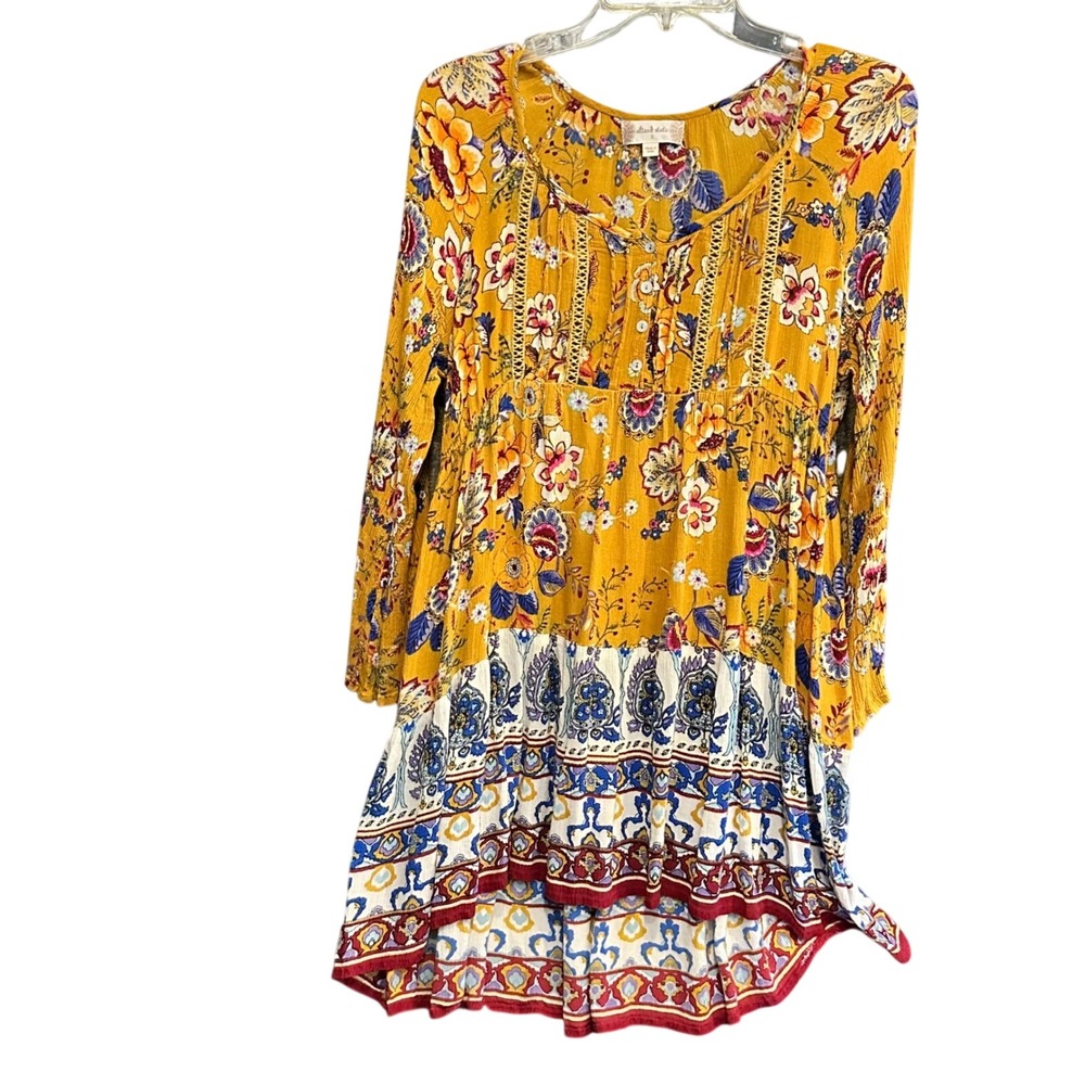 Altard State Yellow Red Floral Boho Mini Dress High Low Long Sleeve S Bohemian